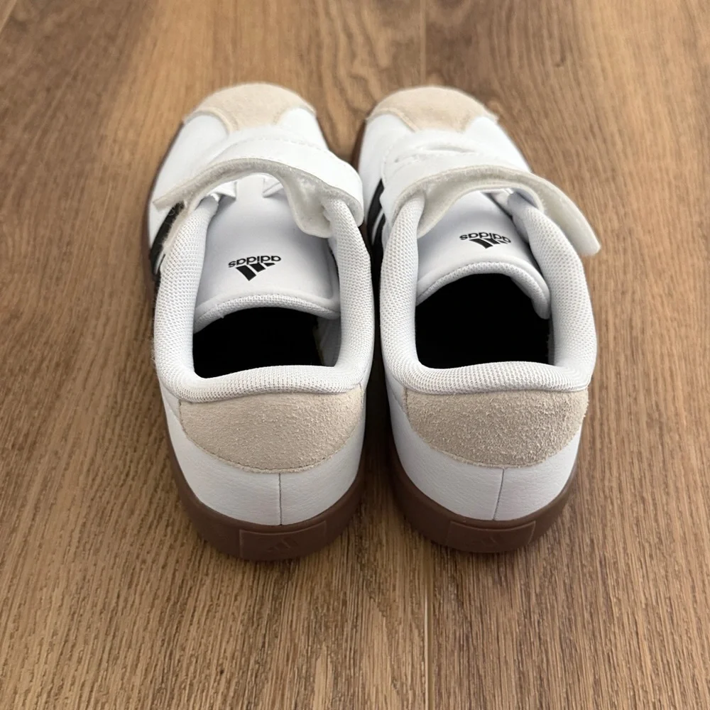 Kids White Adidas with Black Stripes and Brown Sole